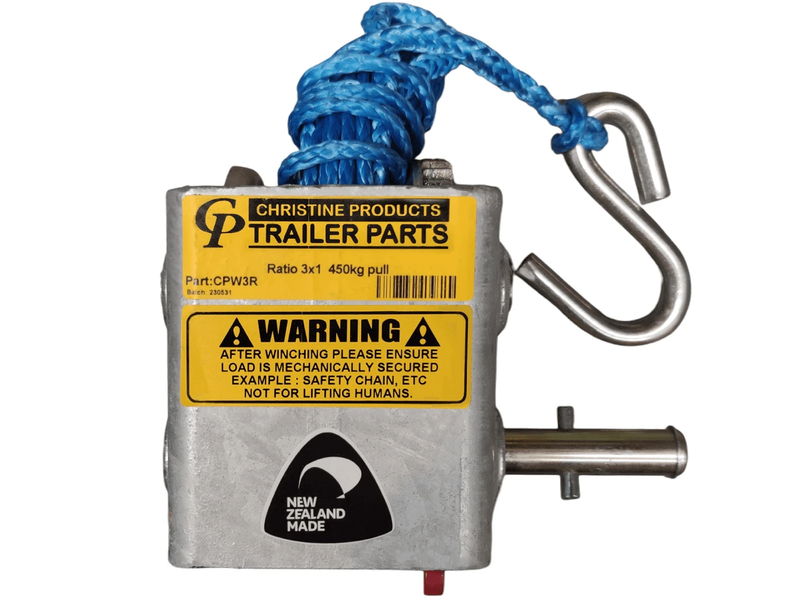 Cp Winch 3:1 450 Kg - 1 Handle & Rope with warning label and blue rope attached.