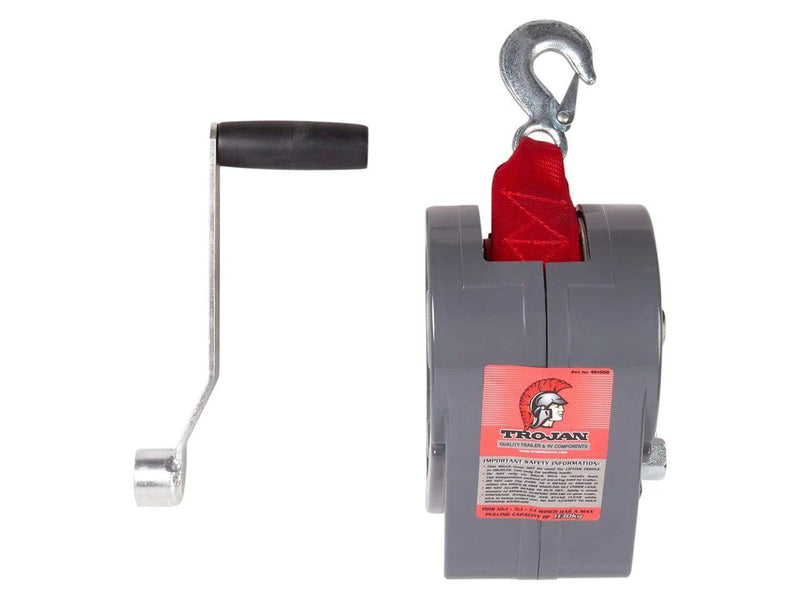 Manual Trailer Winch - Max Pull 1130kg with handle and strap, designed for heavy lifting and trailer use.