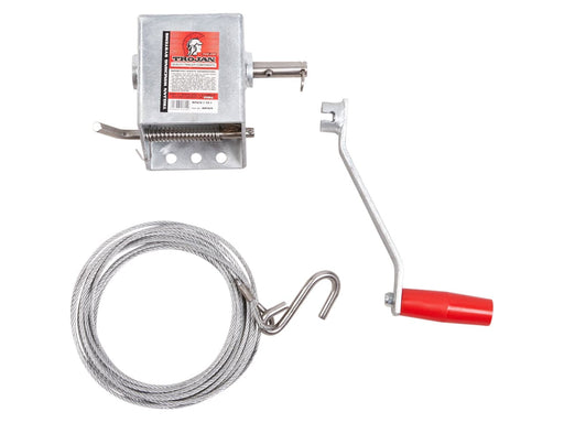 Manual Trailer Winch - Max Pull 250kg with hand crank and steel cable for easy trailer loading.
