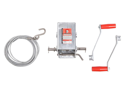 Manual Trailer Winches Closed Top 10-1 7m Wire with hook and handles, showcasing marine-grade components.