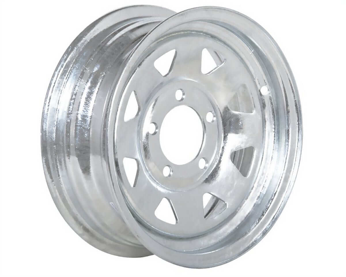 13” Galvanised Trailer Wheel Rims - Stub Pattern: 5 x 4 1/2 inches, shiny silver wheel rims side view.