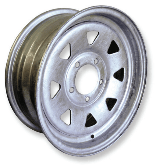 13” Galvanised Trailer Wheel Rims Stud: 5 x 4 1/4” - In Store, showing a galvanized wheel rim design.
