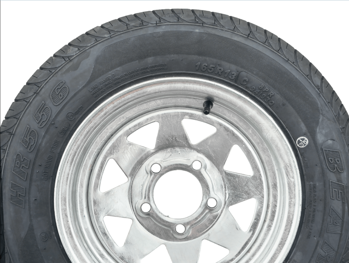 Trojan Rims and Tyres 13” Wheel and Tyre assembled Centre: 5 x 4 1/2”, Tyre: 165 x 13” x 8 ply, 685kg tyre , Galvanised Rim