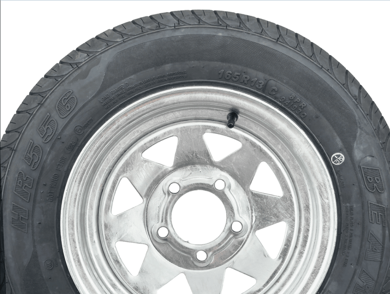 13” Wheel and Tyre assembled Centre: 5 x 4 1/2”, Tyre: 165 x 13” x 8 ply, 685kg tyre , Galvanised Rim