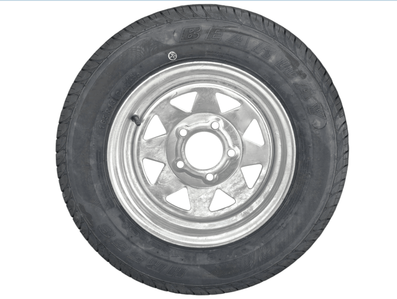 13” Wheel and Tyre assembled Centre: 5 x 4 1/2”, Tyre: 165 x 13” x 8 ply, 685kg tyre , Galvanised Rim