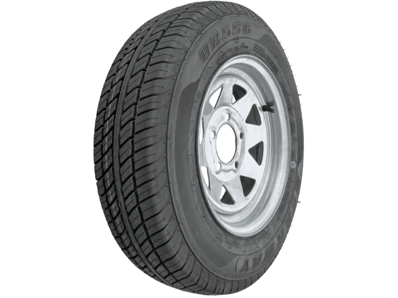 13” Wheel and Tyre assembled Centre: 5 x 4 1/2”, Tyre: 165 x 13” x 8 ply, 685kg tyre , Galvanised Rim.