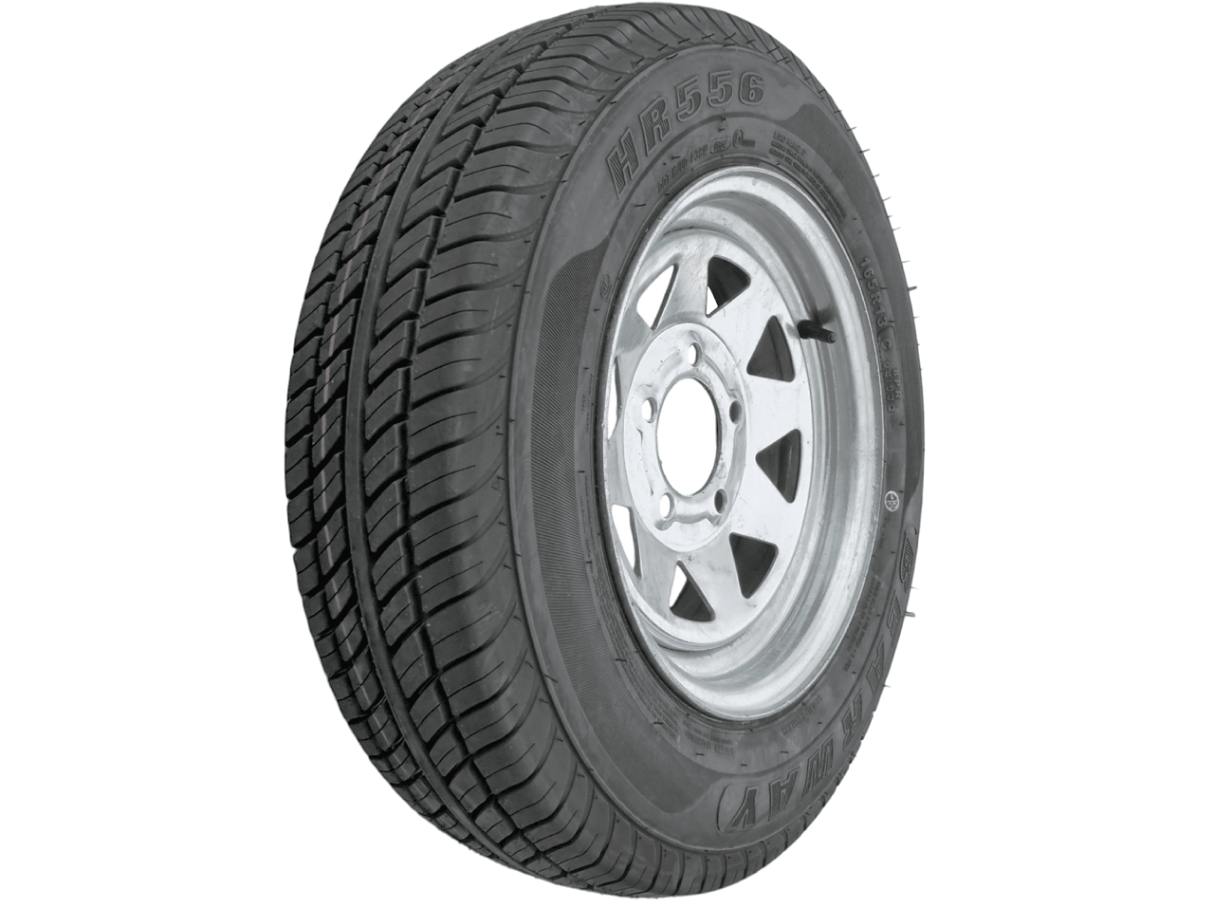 13” Wheel and Tyre assembled Centre: 5 x 4 1/2”, Tyre: 165 x 13” x 8 ply, 685kg tyre , Galvanised Rim.