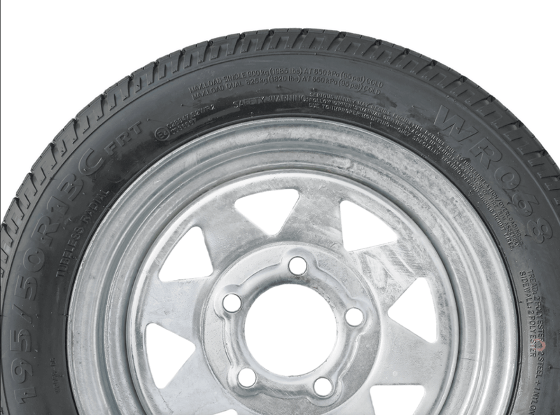 13” Wheel and Tyre assembled Centre: 5 x 4 1/2”, Tyre: 195 x 13” x 8 ply, 900kg tyre , Galvanised Rim