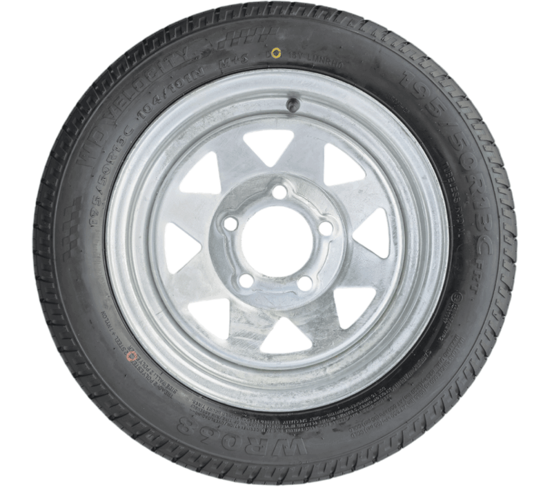 13” Wheel and Tyre assembled Centre: 5 x 4 1/2”, Tyre: 195 x 13” x 8 ply, 900kg tyre , Galvanised Rim