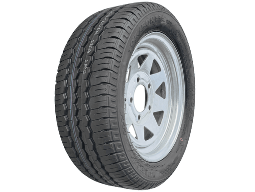 13” Wheel and Tyre assembled Centre: 5 x 4 1/2”, Tyre: 195 x 13” x 8 ply, 900kg tyre , Galvanised Rim