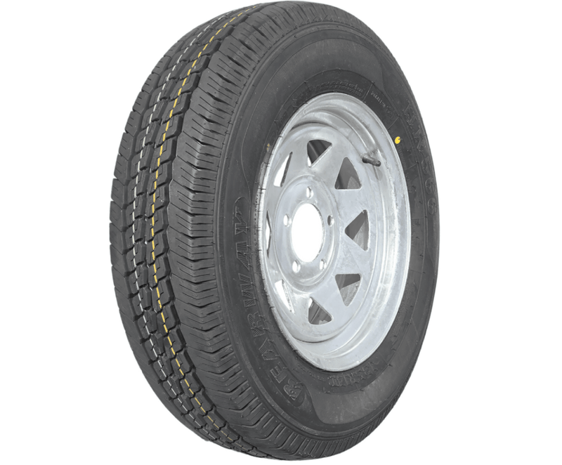 14” Wheel and Tyre assembled Centre: 5 x 4 1/2”, Tyre: 185 x 14” x 8 ply, 850kg tyre , Galvanised Rim.