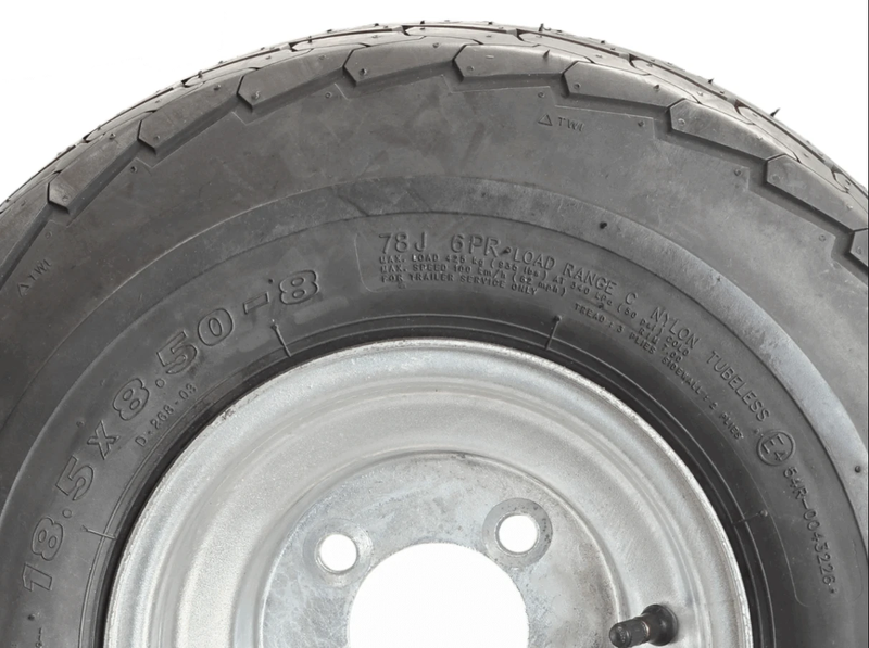 8” Wheel and Tyre assembled Centre: 4 x 4”, Tyre: 18 x 850 x 8” pneumatic tyre , Galvanised Rim close-up image.