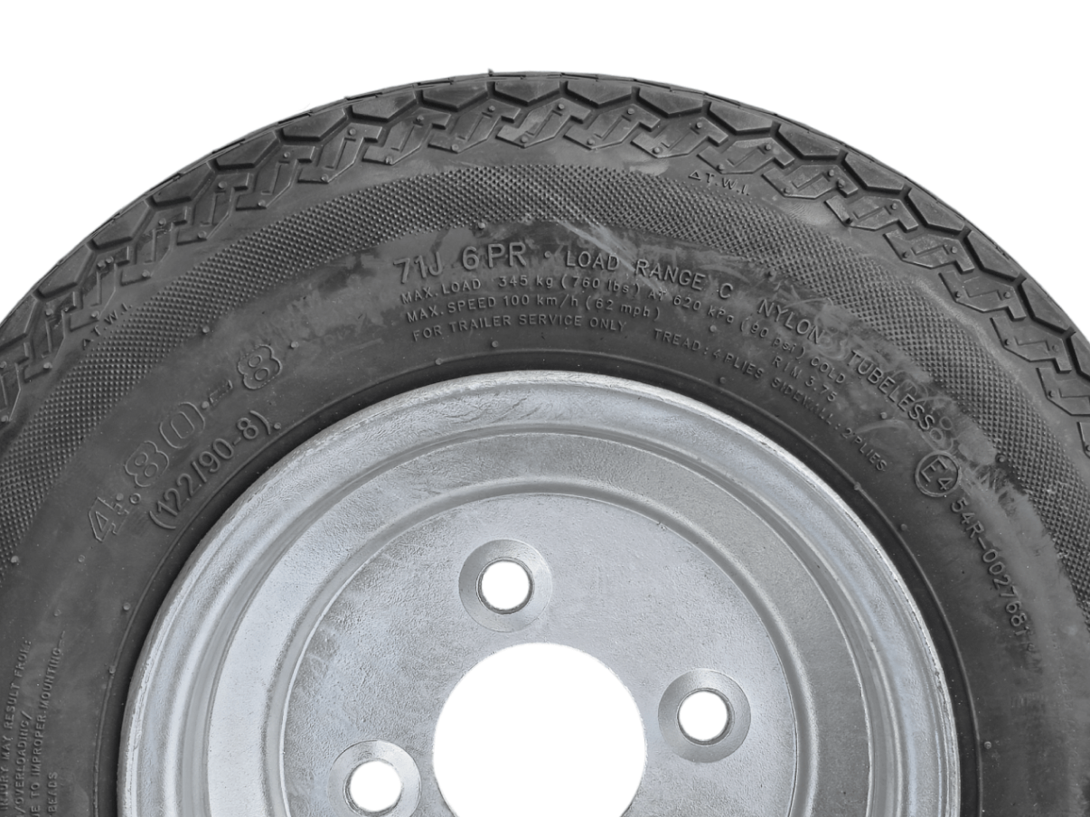 Trojan Rims and Tyres 8” Wheel and Tyre assembled Centre: 4 x 4”, Tyre: 480 x 8” pneumatic tyre , Galvanised Rim