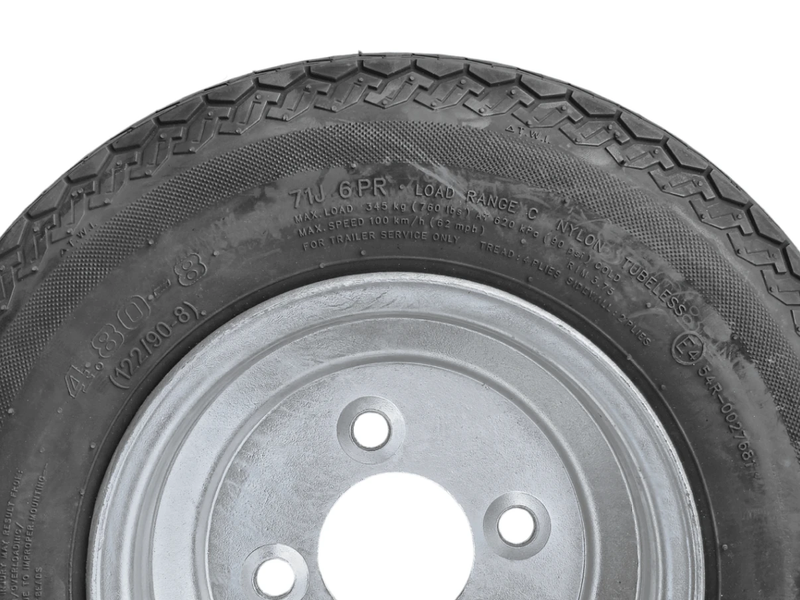 8” Wheel and Tyre assembled Centre: 4 x 4”, Tyre: 480 x 8” pneumatic tyre , Galvanised Rim