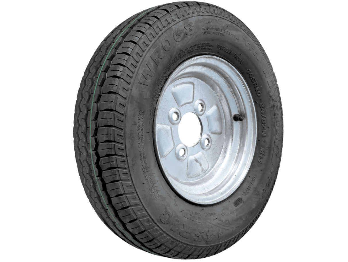 10” Wheel and Tyre assembled Centre: 4 x 4”, Tyre: 145 x 10” pneumatic tyre , Galvanised Rim - Action Outdoors Kiwi