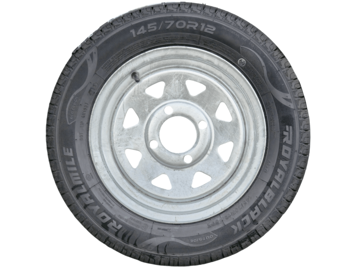 12” Wheel and Tyre assembled Centre: 4 x 4”, Tyre: 145 x 12” x 4 ply, 375kg tyre , Galvanised Rim - Action Outdoors Kiwi