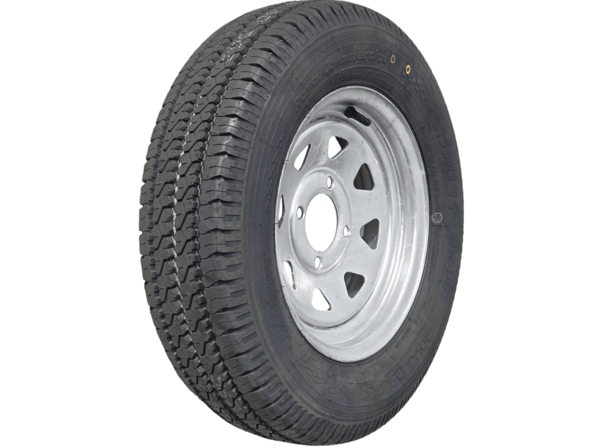 12” Wheel and Tyre assembled Centre: 4 x 4”, Tyre: 155 x 12” x 6 ply tyre , Galvanised Rim - Action Outdoors Kiwi