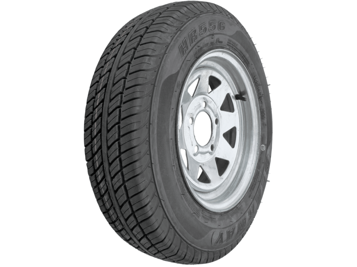 13” Wheel and Tyre assembled Centre: 5 x 4 1/2”, Tyre: 165 x 13” x 8 ply, 685kg tyre , Galvanised Rim - Action Outdoors Kiwi