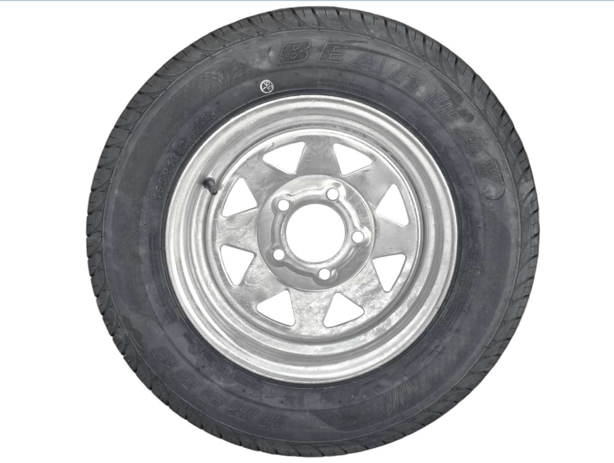 13” Wheel and Tyre assembled Centre: 5 x 4 1/2”, Tyre: 165 x 13” x 8 ply, 685kg tyre , Galvanised Rim - Action Outdoors Kiwi