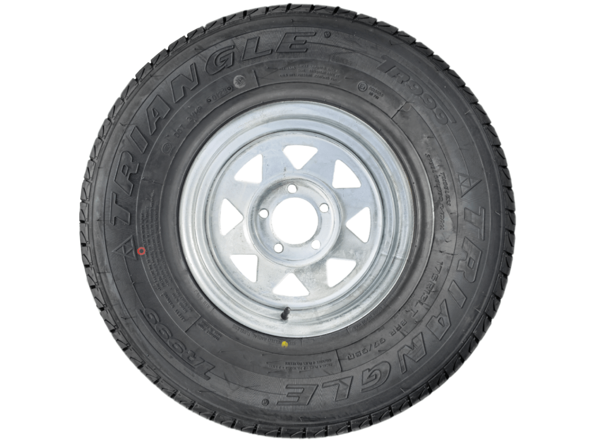 13” Wheel and Tyre assembled Centre: 5 x 4 1/2”, Tyre: 175 x 13” x 8 ply, 740kg tyre , Galvanised Rim T522075 - Action Outdoors Kiwi