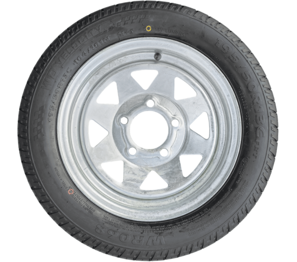 13” Wheel and Tyre assembled Centre: 5 x 4 1/2”, Tyre: 195 x 13” x 8 ply, 900kg tyre , Galvanised Rim - Action Outdoors Kiwi