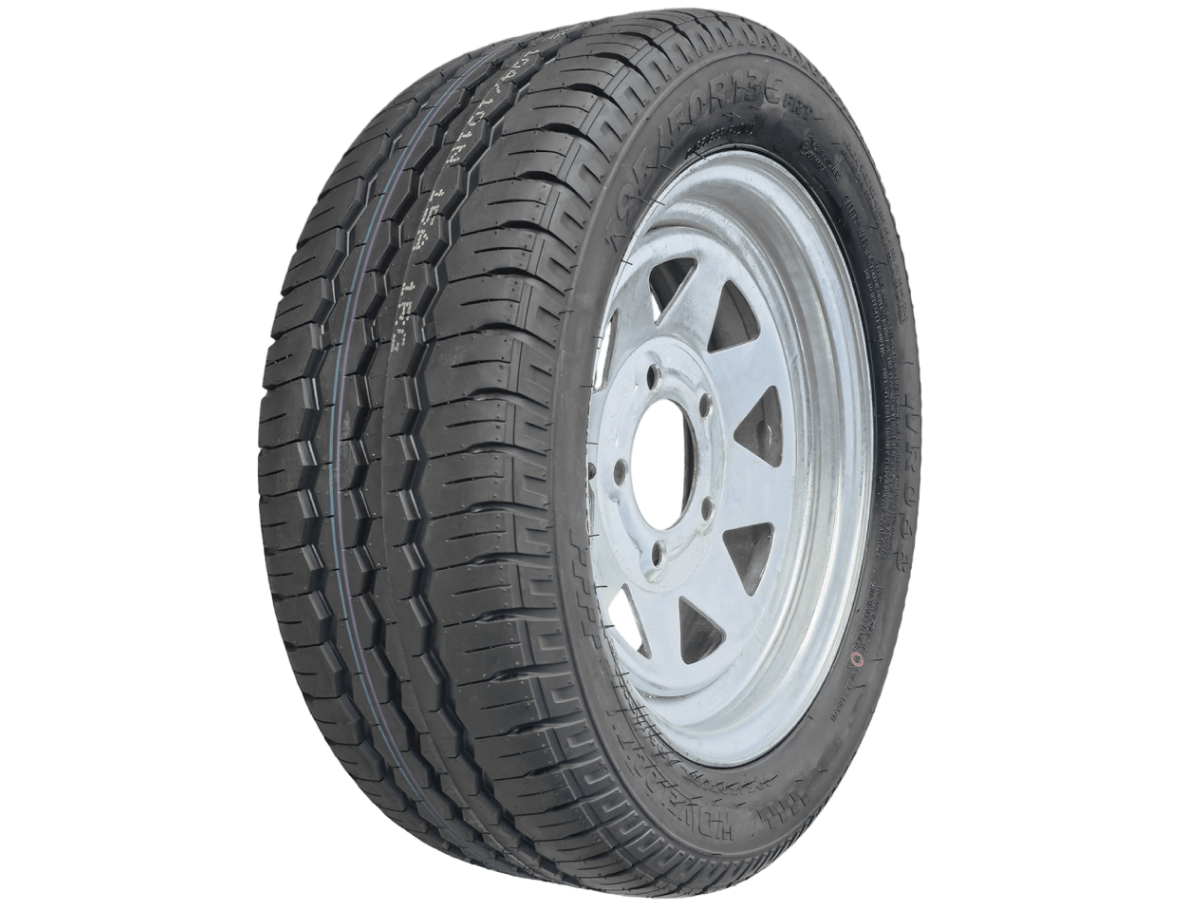 13” Wheel and Tyre assembled Centre: 5 x 4 1/2”, Tyre: 195 x 13” x 8 ply, 900kg tyre , Galvanised Rim - Action Outdoors Kiwi