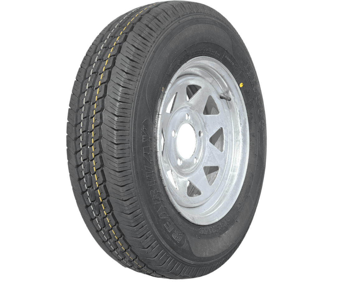 14” Wheel and Tyre assembled Centre: 5 x 4 1/2”, Tyre: 185 x 14” x 8 ply, 850kg tyre , Galvanised Rim - Action Outdoors Kiwi