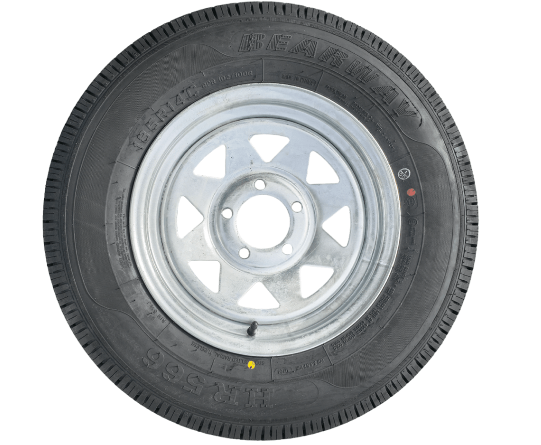 14” Wheel and Tyre assembled Centre: 5 x 4 1/2”, Tyre: 185 x 14” x 8 ply, 850kg tyre , Galvanised Rim - Action Outdoors Kiwi