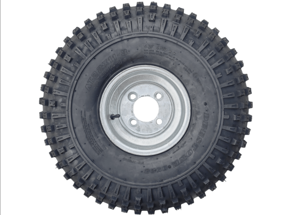 8” Wheel and Tyre assembled Centre: 4 x 4”, Tyre: 22/11 x 8” pneumatic knobbly tyre , Galvanised Rim - Action Outdoors Kiwi