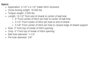 Hitch specs for 2-1/2" x 2-1/2" trailer hitch receivers, showcasing dimensions and weight capacity.