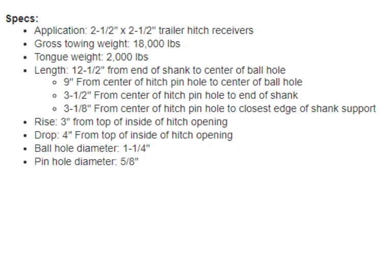 Hitch specs for 2-1/2" x 2-1/2" trailer hitch receivers, showcasing dimensions and weight capacity.
