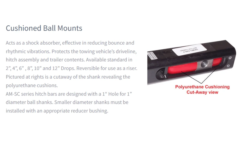 Hitch Cush Ballmnt 2" 6" Drop 10k lbsGVW showcasing polyurethane cushioning and cut-away view.