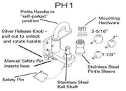 Diagram of Pintle hitch PH-1 (Reworked) with labeled components including safety pin and mounting hardware.