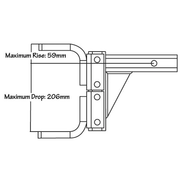 Pro Towball Mount Adjustable Standard QR diagram showing maximum drop 206mm and rise 59mm specifications.