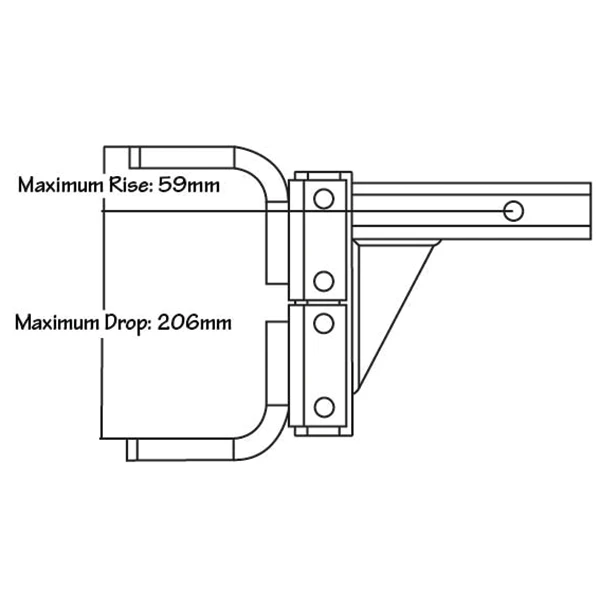 Pro Towball Mount Adjustable Standard QR diagram showing maximum drop 206mm and rise 59mm specifications.