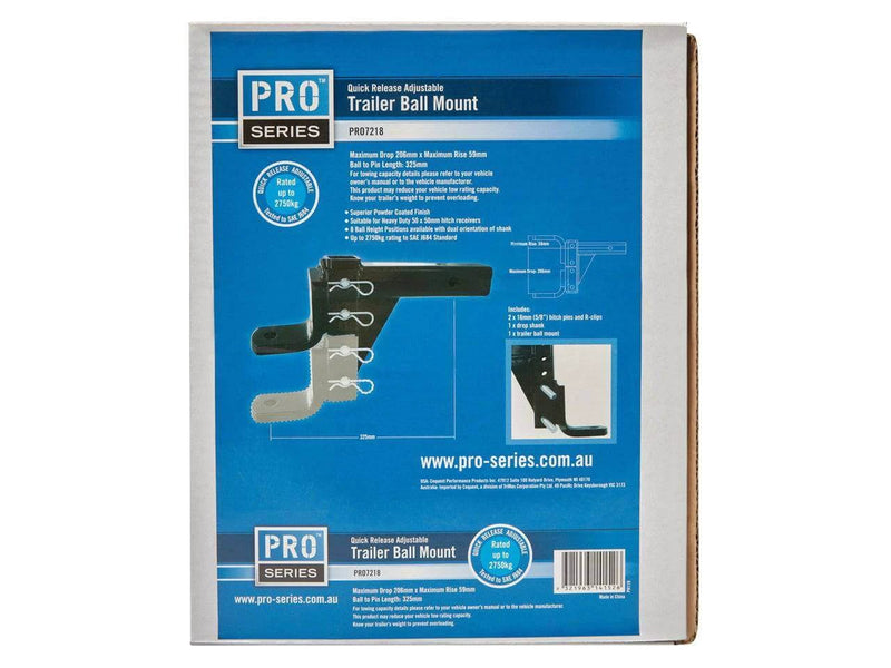 Pro Towball Mount Adjustable Standard QR packaging with product details and specifications.