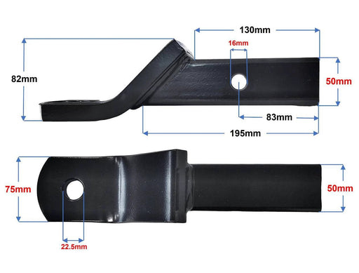 Tbm  21161 hitch attachment showing dimensions of 130mm, 195mm, and 82mm for vehicle towing applications.