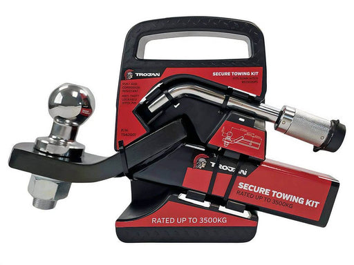 Trojan secure towing kit featuring a hitch ball setup, rated up to 3500kg for secure towing.