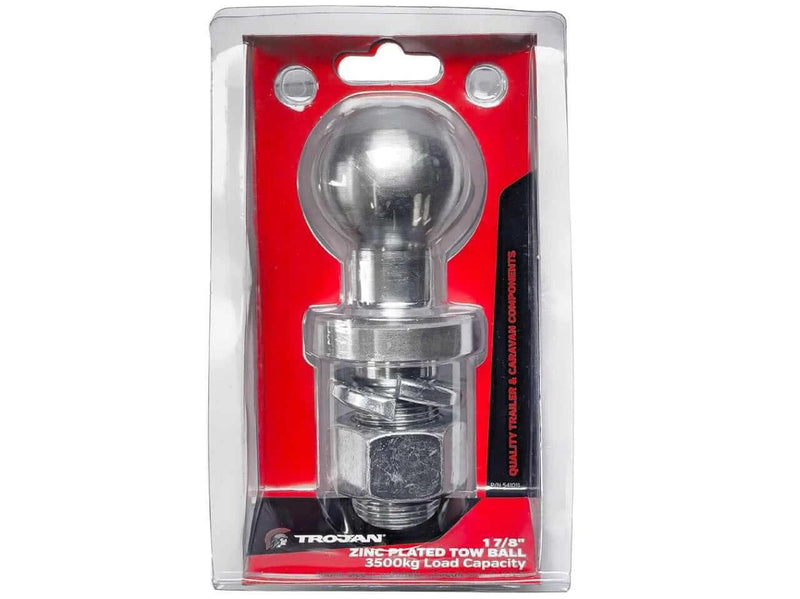 1 7/8” Zinc Towball - Capacity 3500kg T541011 in packaging showing towing specifications and compliant standards.
