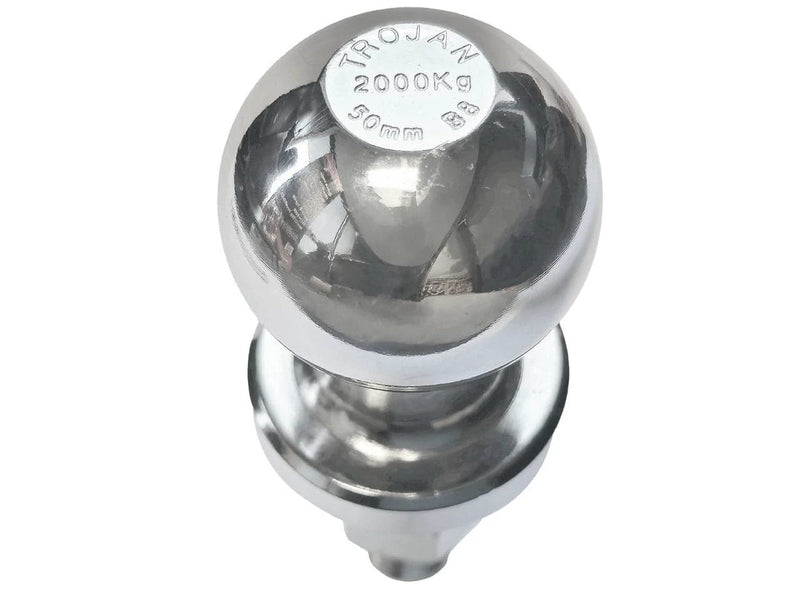 50mm Chrome Towball - Capacity 2000kg with a shiny surface close-up, designed for towing applications.