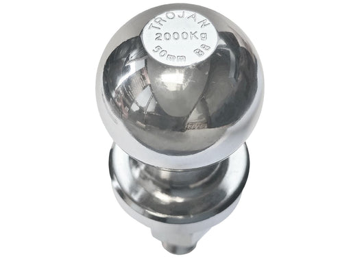 50mm Chrome Towball - Capacity 2000kg with a shiny surface close-up, designed for towing applications.