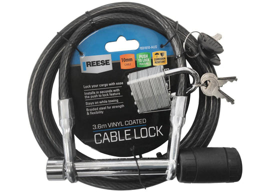 Rs hitch pin lock and cable with braided steel for strength and flexibility, locks cargo securely, 3.6m long.