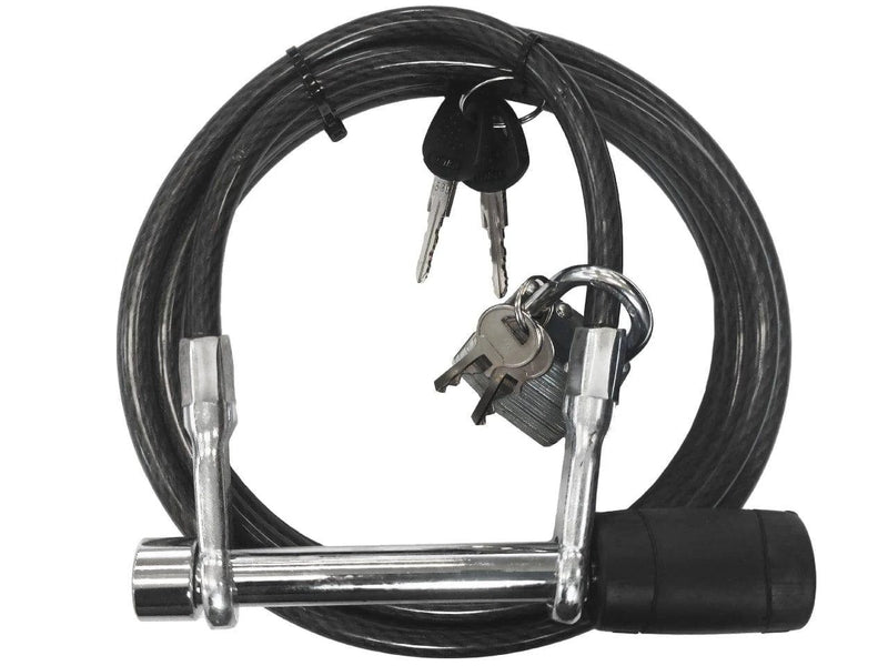 Rs hitch pin lock and cable with braided steel lock and keys for securing cargo.