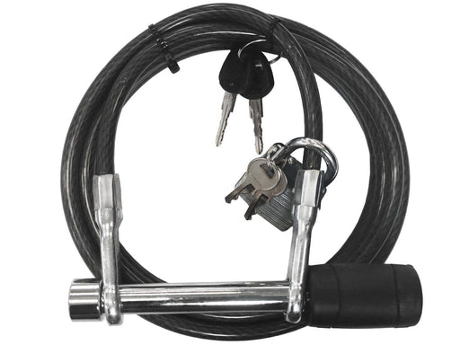 Rs hitch pin lock and cable with braided steel lock and keys for securing cargo.