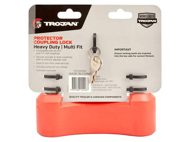Coupling Lock HD Protector in bright red, featuring heavy duty multi-fit locking mechanism for caravans and trailers.
