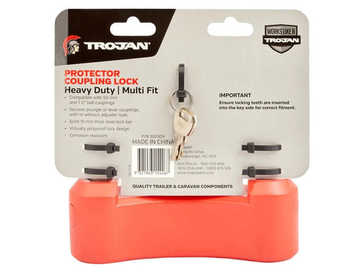 Coupling Lock HD Protector in bright red, featuring heavy duty multi-fit locking mechanism for caravans and trailers.
