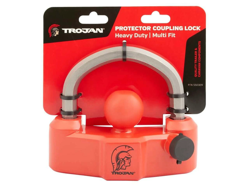 Coupling Lock HD Protector in bright red, designed for heavy duty anti-theft security for trailers and caravans.