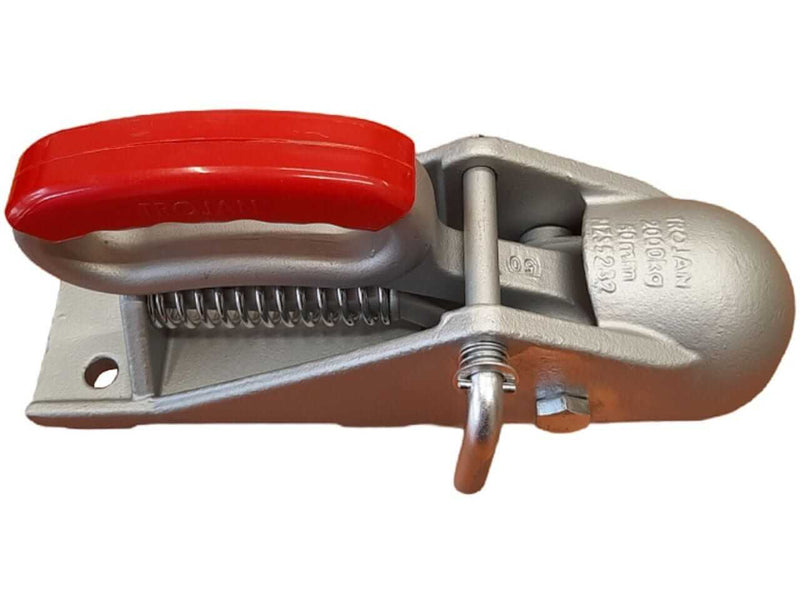 Lever Coupling - 2000kg Capacity ( 50mm balls ) close-up view of the steel trailer coupling with red handle