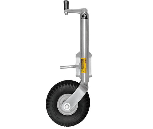 CP JW HD 3.50X4 Alloy Rim Bolt On displayed with solid tyre and swivel mount.