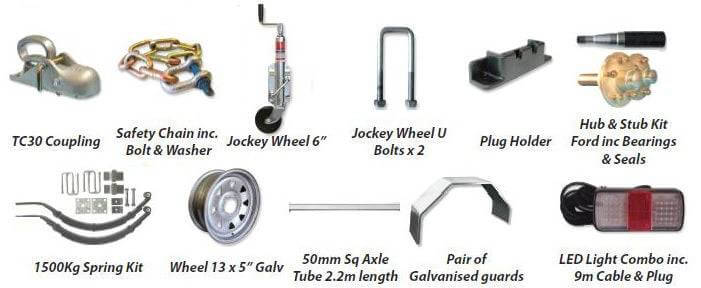 1500kg Single axle non brkd trailer 13" essential parts including wheel, spring kit, LED light combo.